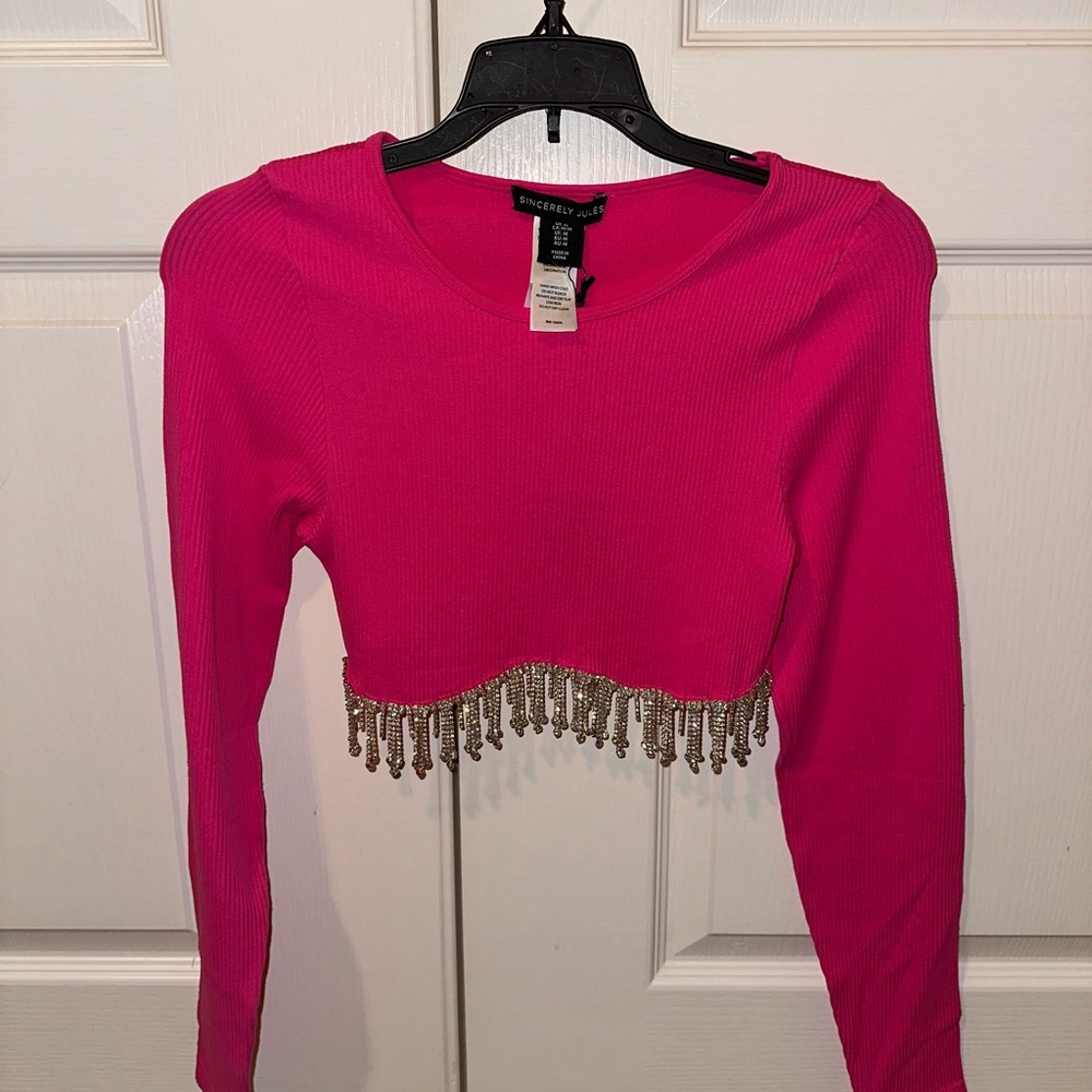 top Sexy hot pink diamond 💎 rhinestone dazzling crop blouse size medium
